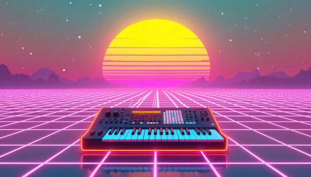 Retro synth keyboard sits on neon grid landscape under striped sunset sky. Digital music synthwave art with mountains, stars and futuristic glowing grid.