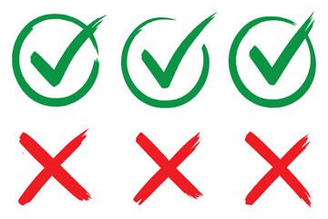 Grunge vector checkmark and cross. Grunge green check mark and red cross mark icon set. brush correct or incorrect sign with circle © Daishin