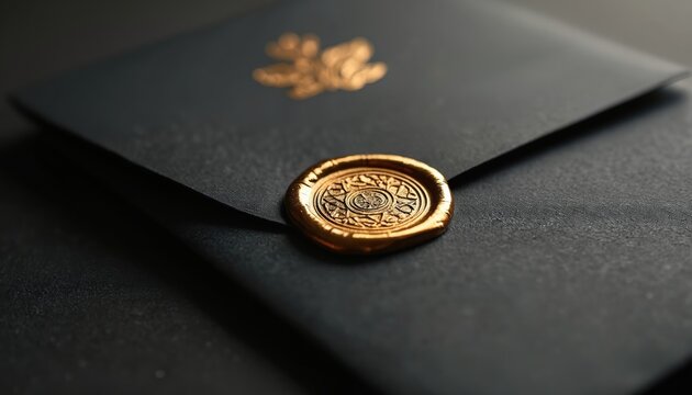 Elegant black envelope with gold wax seal. Formal invitation or gift package. Textured paper, premium stationery detail. Classic design element for luxury events.