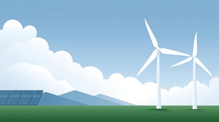 Fototapeta premium Renewable energy landscape featuring two wind turbines and solar panels against a blue sky with fluffy clouds, symbolizing sustainable energy solutions and environmental awareness