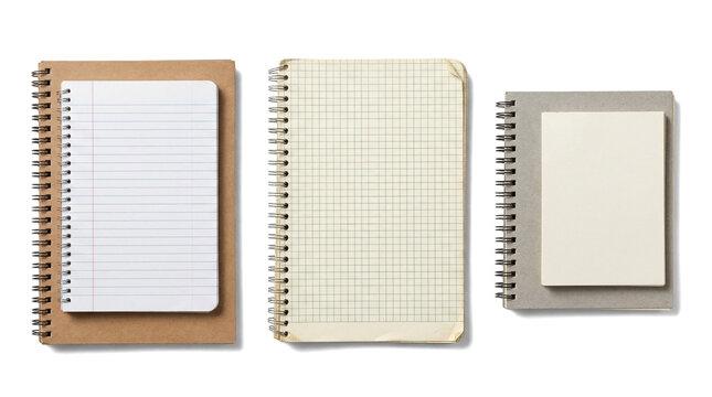 three diverse notebooks presented on a transparent background, featuring lined, grid, and blank pages, viewed from above