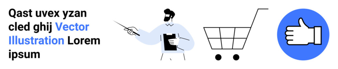 Obraz premium E-commerce, product approval, marketing strategies, user satisfaction, online shopping, business analytics. A man holding a clipboard points near a cart and a thumbs-up icon. E-commerce and product