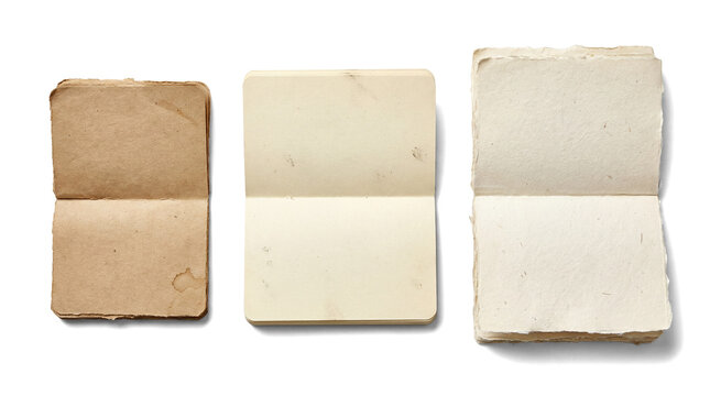 three distinct vintage open notebooks are presented on a transparent background, highlighting varied paper textures and aged appearances, ideal for artistic and design purposes in digital media.