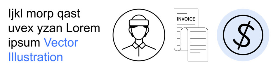 Obraz premium Financial services, accounting, billing, payment processing, business management, bookkeeping. Image shows a person icon, an invoice document and a dollar sign. Financial services and accounting