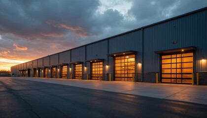Obraz premium Row of modern industrial units with glass garage doors. Building facade features corrugated metal. Lights glow from inside. Dramatic sunset sky above. Exterior view.