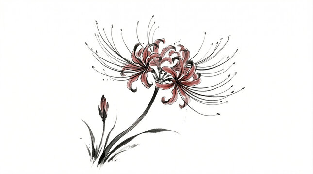 Traditional Japanese ink painting of a red spider lily (Lycoris radiata) with delicate brushstrokes on a white background. Sumi-e style watercolor illustration of higanbana
