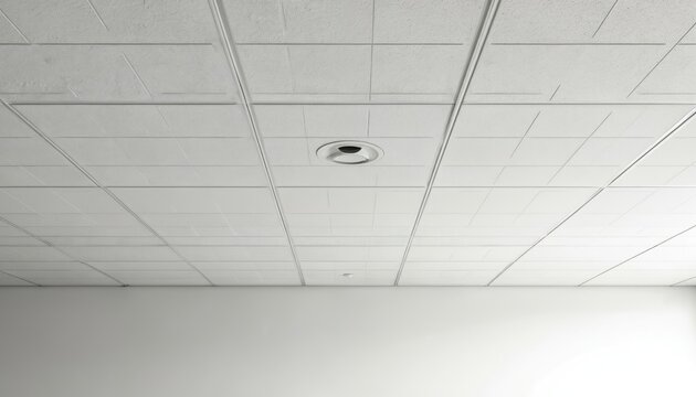 White textured ceiling tiles form a grid pattern. A round air vent is visible. The clean interior surface offers a bright, modern backdrop for any project.