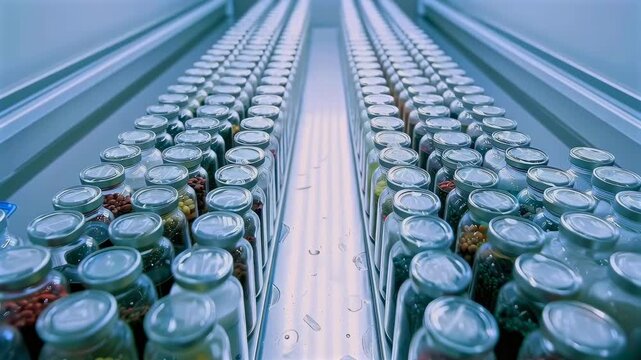 rows of glass spice jars on conveyor inside automated packaging plant with stainless steel rails, closeup symmetry, cool blue lighting, highthroughput manufacturing, quality control vibe,