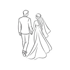 Line drawing of couple walking, bridal couple