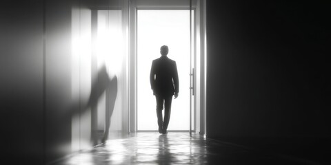 Fototapeta premium Silhouette of Businessman Leaving Office Door, Symbolizing Job Change or Career Transition