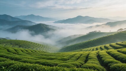 Fototapeta premium Sunrise Over Terraced Tea Plantation with Morning Mist