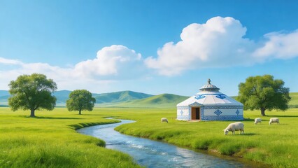 Traditional Yurt on Lush Mongolian Grassland with Grazing Sheep