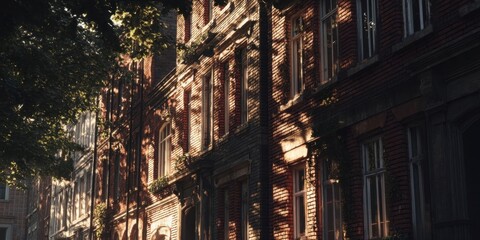 Fototapeta premium Sun Dappled Brick Buildings on a Quiet City Street