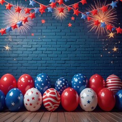 Naklejka premium American holiday backdrop with red blue white balloons and star garland. Festive fireworks light up dark blue brick wall. Perfect for party flyers posters and invites.
