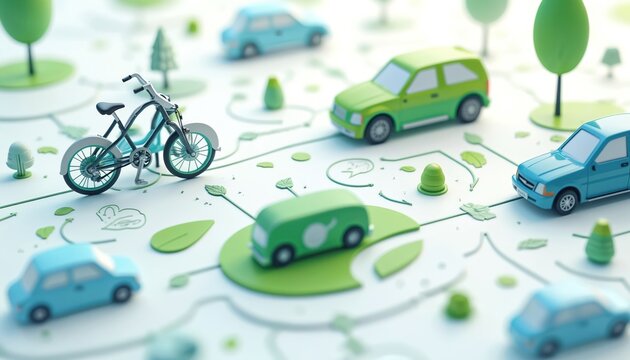 Miniature cars and bicycle move along green paths connecting nature icons. Vehicles and nature elements form a network for transport. Eco transport choice illustration.