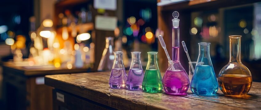 Colorful chemistry flasks and beakers on vintage wooden laboratory table