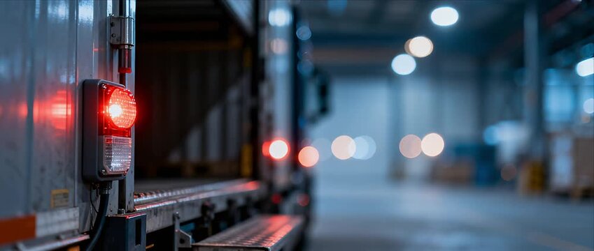 Logistics truck warehouse cargo trailer loading freight transport industry delivery service shipping dock supply chain night blur background red brake light glowing distribution center calm scene