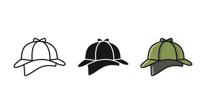 Collection of detective deerstalker hat vector graphic illustrations in outline solid and color styles
