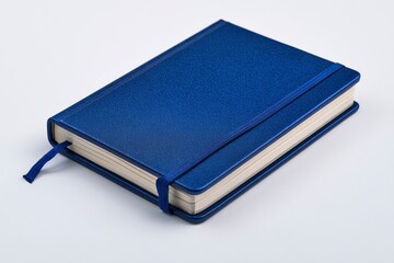 A textured deep blue notebook with an elastic band and ribbon bookmark lies on a white surface showcasing its neat compact design