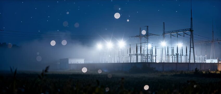Power station electricity energy at night industry infrastructure in fog with lights over substation technology industrial landscape starry sky bright light power lines factory fence