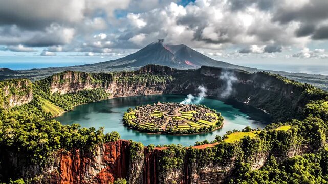 Erupting volcano overlooks ancient village on island in crater lake