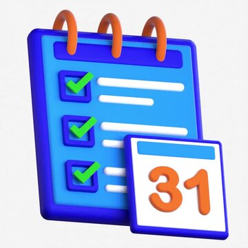 A 3D icon of a blue checklist notebook with checkmarks and a calendar page showing the number 31 for daily task completion