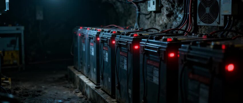 Underground battery backup power energy storage red light server room data center industrial equipment electricity technology cable wire ventilation fan tunnel dark emergency security generator power