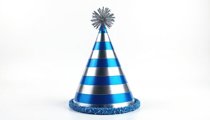 Fototapeta premium Single striped party hat with blue and silver bands. Hat has sparkly blue brim and silver pom pom topper. Celebratory headwear is on white background.