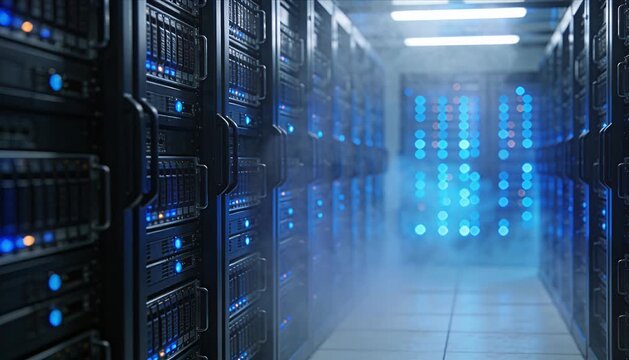 Modern data center server rack blue led cloud storage network technology cybersecurity digital infrastructure database web hosting information technology hardware storage blue light information