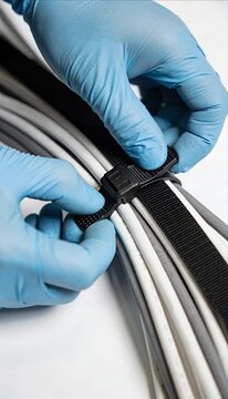 Cable management nylon strap electric cable bundle repair maintenance connection organize cable tie safety wiring technology closeup detail service install equipment technician hand glove blue
