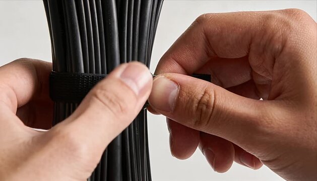 Hand cable bundle organize black strap closeup detail connection secure cable management cable tie hand organize bundle plastic technology equipment tidy tool cable wire bundle held by hand closeup