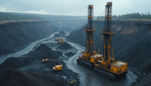 Giant yellow drills operate in vast dark open pit coal mine with excavators and trucks. Industrial excavation site under overcast sky showcases heavy machinery work.