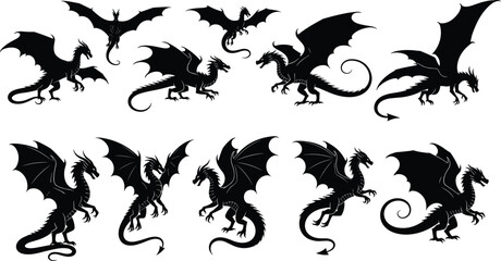 Epic black dragon silhouette collection featuring mythical flying creatures with large wings and long tails for fantasy game art and legendary beast vector illustrations. © Ketab