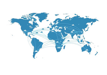 Obraz premium A world map depicts global shipping routes with stylized ship icons and connecting lines