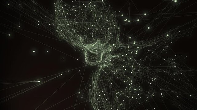 Complex rotating web of glowing nodes forming a brain shape. High-end visualization for machine learning and futuristic scientific research.