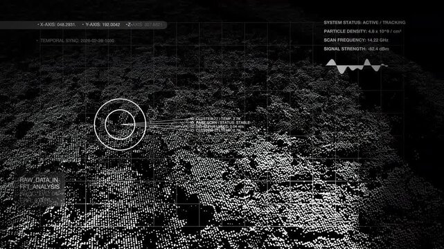 Scientific HUD featuring particle density metrics and coordinate planes. Ideal for astrophysics, quantum computing, and laboratory research.