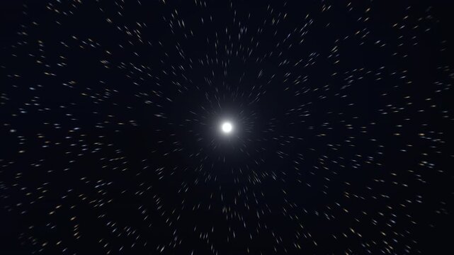 A bright white light radiates outward from the center, surrounded by swirling blue and gold particles against a deep black background.