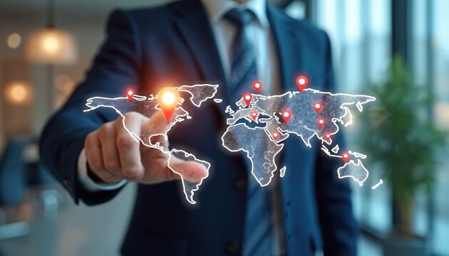 Man in suit selects store location on digital world map. Red pins show franchise branches across globe. Business strategy planning for expansion and growth.