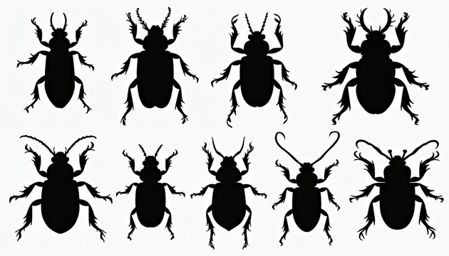 Set of black beetle silhouettes. Various insect shapes and sizes shown as dark outlines on white background. Collection includes different bug forms for graphic design use.