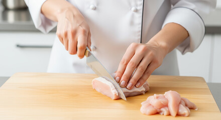 Chef Cutting Raw Chicken Meat on Cutting Board in Kitchen Food Preparation