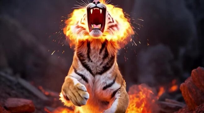 Tiger Walking Through Fire and Smoke Cinematic Motion