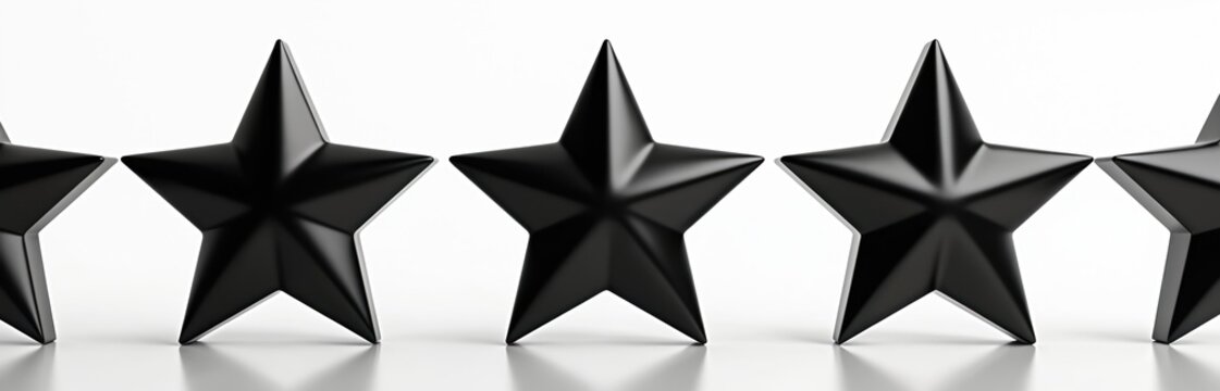 Row of five shiny black star shapes are aligned on a white surface. These 3D objects represent a five-star rating or evaluation system. They have sharp edges and a sleek modern look.
