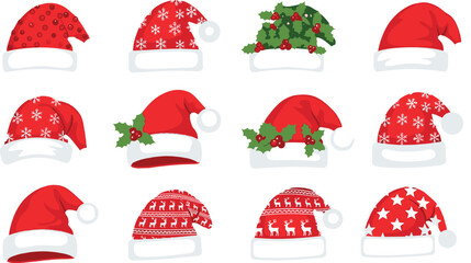 Collection of festive Santa Claus hats vector set with snowflakes holly berries stars and reindeer patterns isolated Christmas winter holiday design elements illustration © MdMojibar