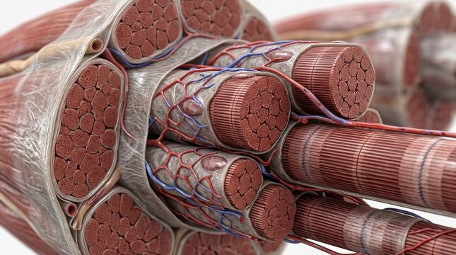 Muscle Fibers: Detailed anatomical illustration of human muscle fibers and connective tissue.