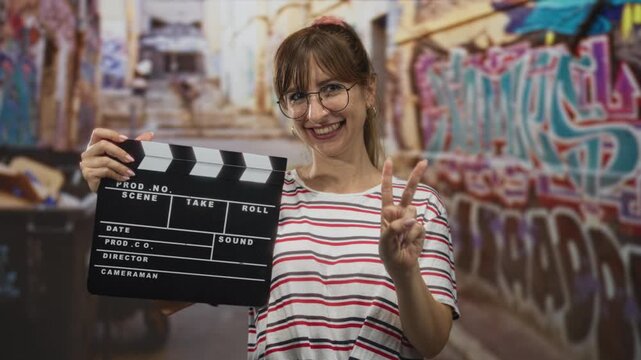 Woman smiling, holding a clapperboard and flashing a two finger peace sign on a street with graffiti backdrop; urban joy.