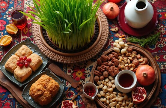 Azerbaijan Novruz holiday table spread with green sprouts, sweet pastries, nuts, dried fruits, tea. Traditional spring celebration food, drink arranged on colorful carpet. Festive cultural spread.