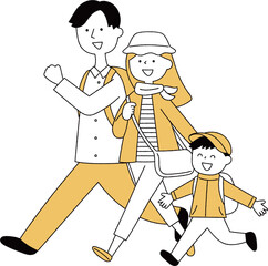 元気にお出かけをする若い家族単色