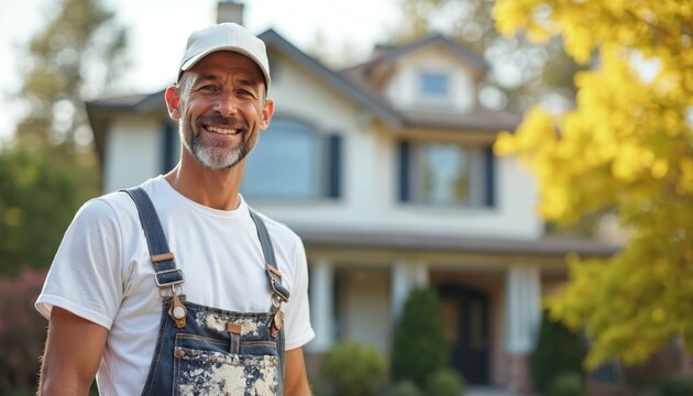 Smiling house painter in overalls and cap stands before home. Man works on property exterior during daytime. Professional craftsman ready for house renovation project.