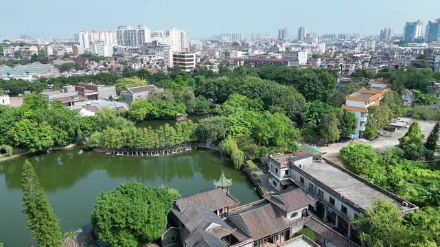 Dongguan Keyuan Scenic Spot - Traditional Architecture and Lake Aerial View