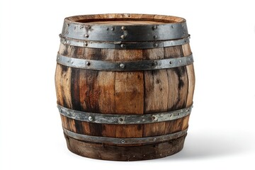 Fototapeta premium An aged wooden barrel with rustic metal bands stands on a white background showcasing weathered wood textures